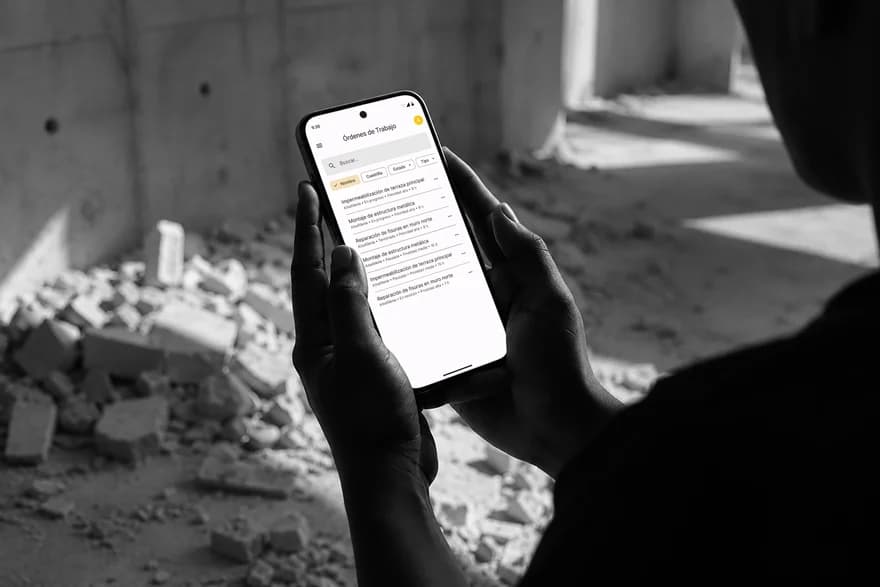 Aplicación de ObraFlow en un teléfono, en una obra en construcción